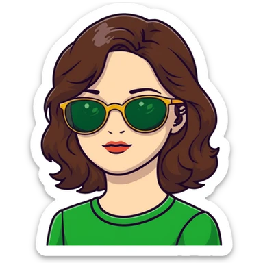woman with pale skin, brown wavy hair, green eyes, gold glasses sticker