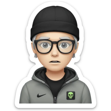 Hazme un zombie con gafas cuadradas y el marco negro y un gorro negro y un saco Nike tech gris sticker