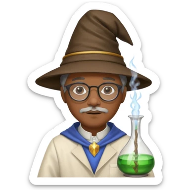 black scientist with glasses, wearing wizard hat custome, with glass vase sticker