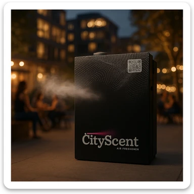 Add a soft, realistic scent mist effect coming from the left side of the CityScent air freshener machine. The scene is realistic, with people relaxing and enjoying the scent in a modern cityscape at evening. sticker