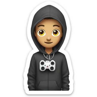 full body, male teenager in hoodie standing, holding a drone controller sticker