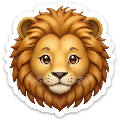 Cinematic Cute Lion Portrait Emoji, Head tilted playfully and inquisitively, featuring a glossy tawny Fur with a lush mane and round, sparkling amber eyes filled with curious mischief, Simplified yet irresistibly adorable features, highly detailed, glowing with a warm, friendly glow, high shine, affectionate and spirited, stylized with a touch of jungle whimsy, bright and endearing, soft glowing outline, capturing the essence of a mischievous yet loving lion, so playful it feels like it could pounce out of the screen and into your arms! sticker