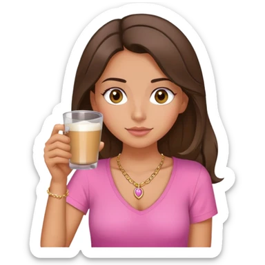 brunette girl with hazel eyes drinking latt, hair just below shoulder length and wearing a pink shirt, also with a necklace  sticker