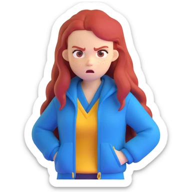 Redhead girl with long hair in blue jacket looking angry sticker