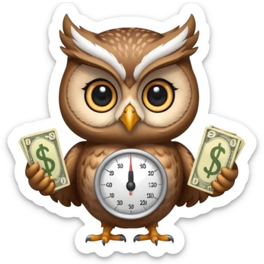 cute female mascot owl holding money scale with two sides sticker