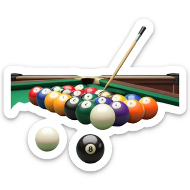 A close-up of a billiard table with a cue stick lined up to strike a colorful set of balls. The focus is on the precision of the shot, with the table’s green surface and the triangular arrangement of balls, creating a dynamic scene of strategy and concentration in the game of billiards. sticker
