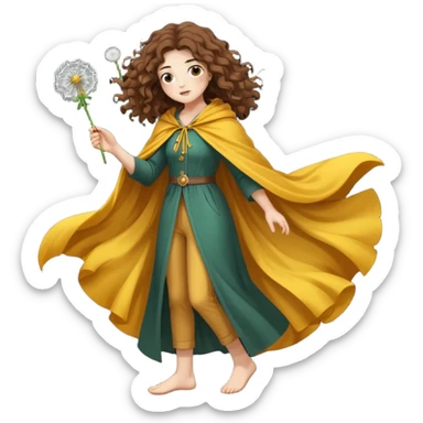full body woman long curly brown hair brown eyes white skin tattoos dandelion seed cloak blowing apart around her sticker