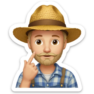 “A single emoji-style character combining 👨‍🌾😄 and 🤔: a smiling farmer man with a straw hat, friendly face, and light beard, holding one hand under his chin in a thinking gesture. His index finger rests under his face, eyes looking slightly upward as if thinking.  sticker