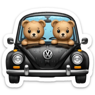 Two teddy bears in black Volkswagen in the rain sticker