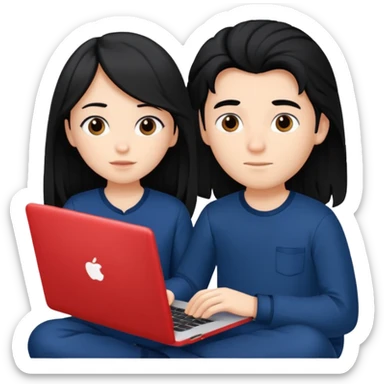 black haired boy and long haired girl in navy blue pajamas , watching movie on laptop sticker