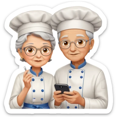 An application on phone on cooking, grandma standing with a young chef  sticker