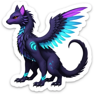 Black Dark Exotic Black, Cyan, Purple, Beaked Feathery Nocturnal Neon-glowing Abyssal Nightly Abyss-Cat-Gryphon-Salandit-Nargacuga-Silvally-Vernid-Sergal-Fakémon-Hybrid-Creature (full body) sticker