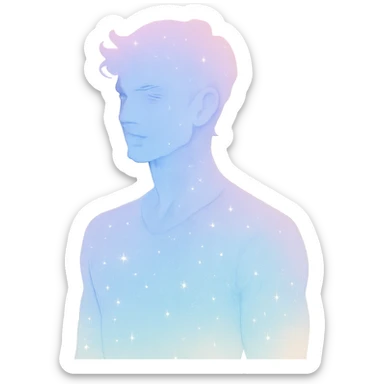confident male figure with a pastel aura and subtle sparkle, embodying beauty and magnetic charm, in a minimalist silhouette sticker