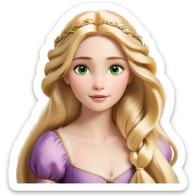 Cinematic Realistic Rapunzel Portrait, with porcelain-like skin featuring a subtle, natural glow, illuminated by soft lighting that brings out the gentle contours of her face. Her long, golden blonde hair cascades in detailed waves, each strand highlighted with a radiant shimmer as it catches the light. Her bright, expressive green eyes exude curiosity and warmth, framed by delicate lashes and soft, arched brows. Her expression is playful and vibrant, with a gentle smile. She is dressed in her classic lavender and pink gown, the fabric textured with delicate folds that flow naturally, catching the light with a soft, radiant glow. The portrait captures a luminous, enchanting aura, seamlessly blending realism with a whimsical, fairytale charm, evoking a timeless sense of beauty and magic. sticker