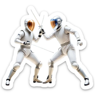 Two fencers in full protective gear duel on a professional piste. The background features a dynamic blur, symbolizing speed and precision. The scene is illuminated by bright arena lights, emphasizing the intensity of the match. Transparent background. sticker