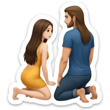 A woman facing towards a man only showing her back and she kneels down sticker