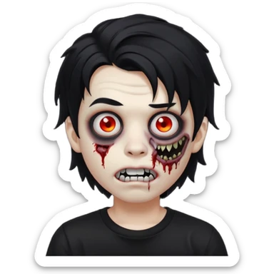 a boy with wavy hair, a zombie-shaped mouth piercing hum, and black hair with a black shirt too, and medium-length, wavy black hair, almost shoulder-length, with a lip piercing. with white skin sticker