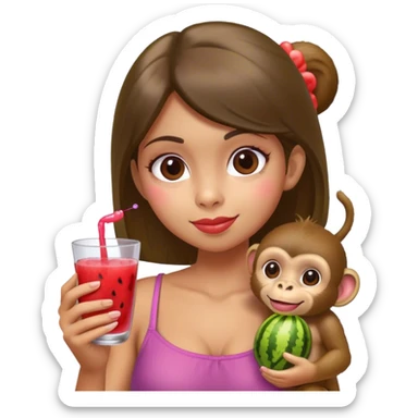 girl with monkey, grape juice, watermelon sticker