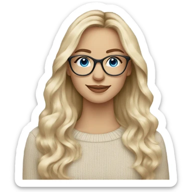Blue eye long blonde balayage hair white woman beige sweater wearing glasses happy sticker