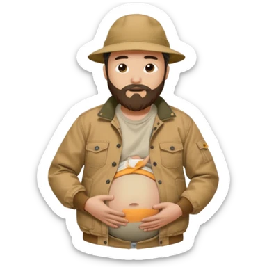 Bearded man rubbing pregnant belly poking out of shirt wearing a tan canvas carhartt jacket with  chinese hat on sticker