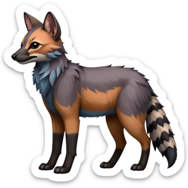 Realistic edgy bluish greyish blackish whitish silvery coppery Shiny Colorful Dusky Dark Gloomy Glossy Aardwolf-Maned-Wolf-Caracal-Lion-Bobcat-fusion-animal-hybrid-creature, full body, tufted ears, long thin tufted tail sticker
