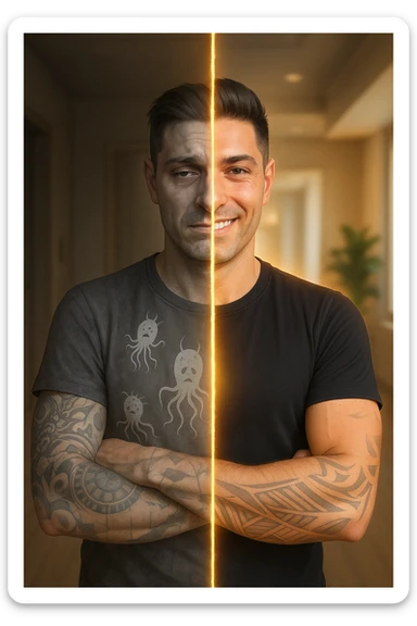 a man is depicted in two halves—on one side, he appears tired and weighed down, with faint, ghostly images of parasites visible inside his torso; on the other side, he is vibrant and healthy, with clear skin and bright eyes, the parasites gone. A visual transition or glowing line separates the two states, symbolizing recovery. sticker