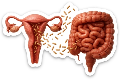 UTERO UMANO E INTESTINO ANATOMICI REALISTICI SONO UNO ACCANTO ALL'ALTRO E SI PASSANO I BATTERI A VICENDA, CON BATTERI CHE ESCONO DALL'INTERNO, IPERREALISTICO 4K, NON DISEGNATO sticker