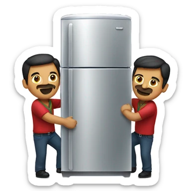 Two Mexican men team lifting a refrigerator  sticker