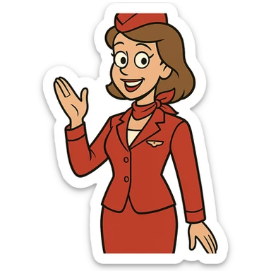 flight attendant in a red uniform, smiling, classic airline style, white background sticker