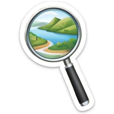An icon featuring a magnifying glass over a local map, with a small village, traditional house, and natural landmarks like a river and hill, symbolizing local history and geography. Transparent background highlights the study of native land, culture, and heritage. sticker