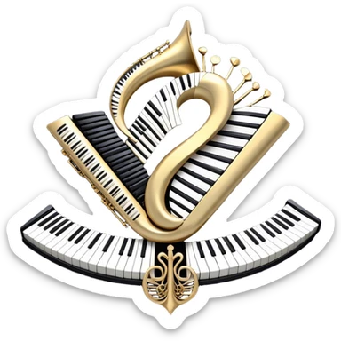 Create an elegant and festive emoji collage representing keyboard instruments, styled like a heraldic emblem. The design should feature a central focal point of black and white piano keys, arranged in a semi-circular or shield-like shape. Around the piano keys, add intertwining musical notes that form flowing ribbons, creating a dynamic and celebratory atmosphere. The design should be professional, with polished silver and gold accents on the keys and notes, highlighting the luxury and sophistication of the instruments. Add subtle shading and lighting effects to give the design a refined, 3D appearance. The background should remain transparent, and the overall feel should evoke grandeur, artistry, and a sense of celebration. sticker