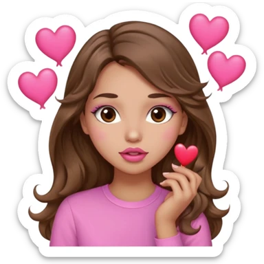 girl with long wavy brown hair, brown eyes, light to medium complexion, in a pink shirt, pink lips, long lashes, sexy , puckering lips kissing, blushing with hearts sticker