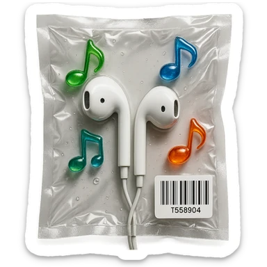 white EarPods headphones with three small rainbow glass music notes arranged around, glossy sticker