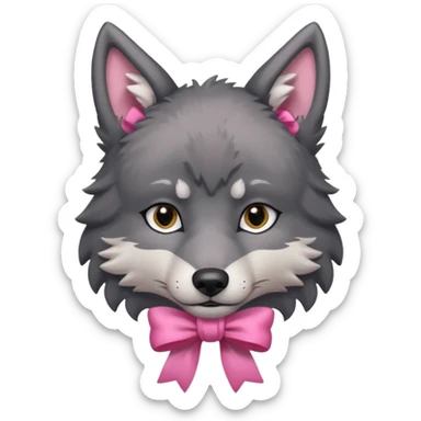 sad 🥺 cute dark grey wolf with a pink ribbon ion his head sticker