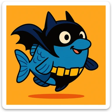 a fish dressed as Batman, cartoon style sticker