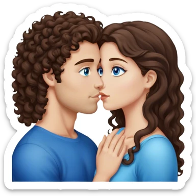 Caucasian guy with Curly brown hair and brown eyes kisses a beauty brunette with long straight hair and blue eyes sticker