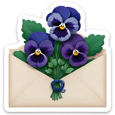 A gracefully aged love letter sealed with a deep green wax stamp, resting beside a navy blue bouquet of pansies. sticker
