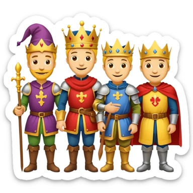 fait moi un Roi 1 Connétable un Chevalier un paysan et un Bouffon avec le style graphique cartoon et personnage jaune sticker