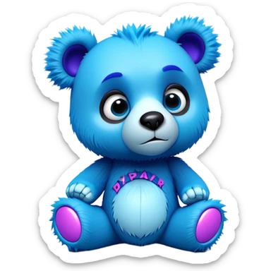3D, adorable little Pixar style blue neon punk bear with broken toy, ultra detailed, each lash, eye, and strand of fur is shown in stunning detail as though captured in a timeless photograph, rich textures, visually rich, so lifelike it feels like it could leap off the page at any moment sticker