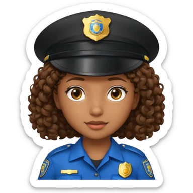 a cartoon-style avatar of a girl police officer with curly brown hair, wearing a black cap sticker