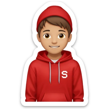 make me an emoji of an americain 19 yearold boy in a red hoodie that says "south" on it and give him with tan skin with his hands in his pockets with the sleevs pulled up grining with a jaw line  sticker