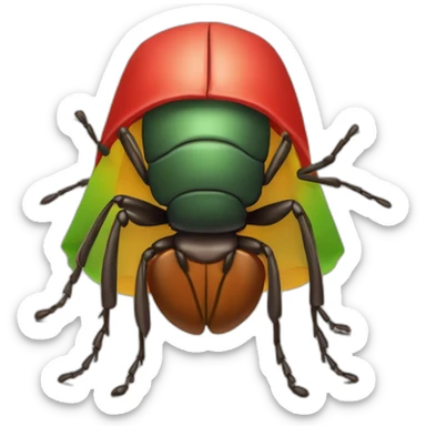 full view of a light brown bedbug with a red headband, shoulder-length black hair down to the ears. It is dressed in a red poncho (with red, yellow and green vertical lines) sticker