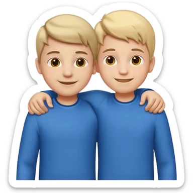Two cartoon-style 2 boys with similar features, arms around each other's shoulders, smiling, matching outfits, standing close, white background, emoji style sticker