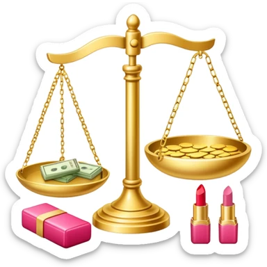 gold scale with dollars on one side and beauty products like lipstick, perfume, makeup on the other sticker