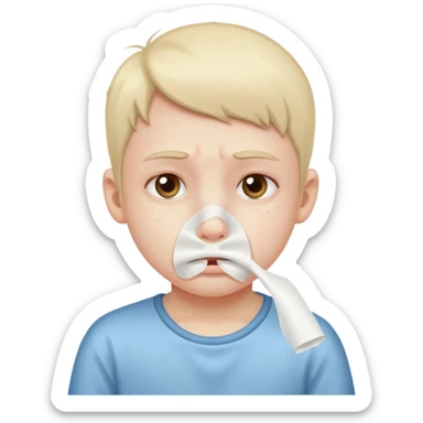 sick kid with tissue on nose and fever sticker