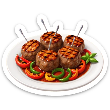 Akçaabat meatballs object icon, grilled Turkish kofte pieces on a plate, smoky char marks, juicy texture, served with grilled peppers and tomatoes, 3D cartoon, mobile game icon style, centered, clean background, no text, no watermark
 sticker