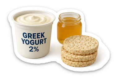 Yogurt Greco 2%
Miele (senza il cucchiaio di legno)
Gallette di Riso
vista frontale, iperrealistico 4k sticker