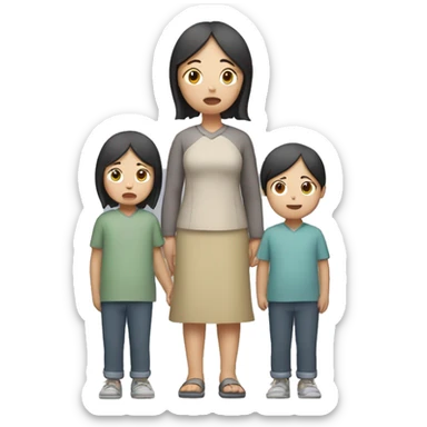 asian sad mum holding two kids, full body standing sticker