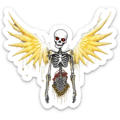White skeleton zombie person covered in golden chains and black graffiti scribbles and red and silver doodles wings made of neon lightning snowing snowflakes sticker