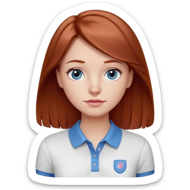Create emojis of a girl with light brown / dark red hair slightly wavy below the shoulder. Her eyes are gray-blue, her nose is small and straight, and her lips are pink and small. Eyes with long eyelashes. The polo shirt is white. The emoji itself is up to chest level. sticker